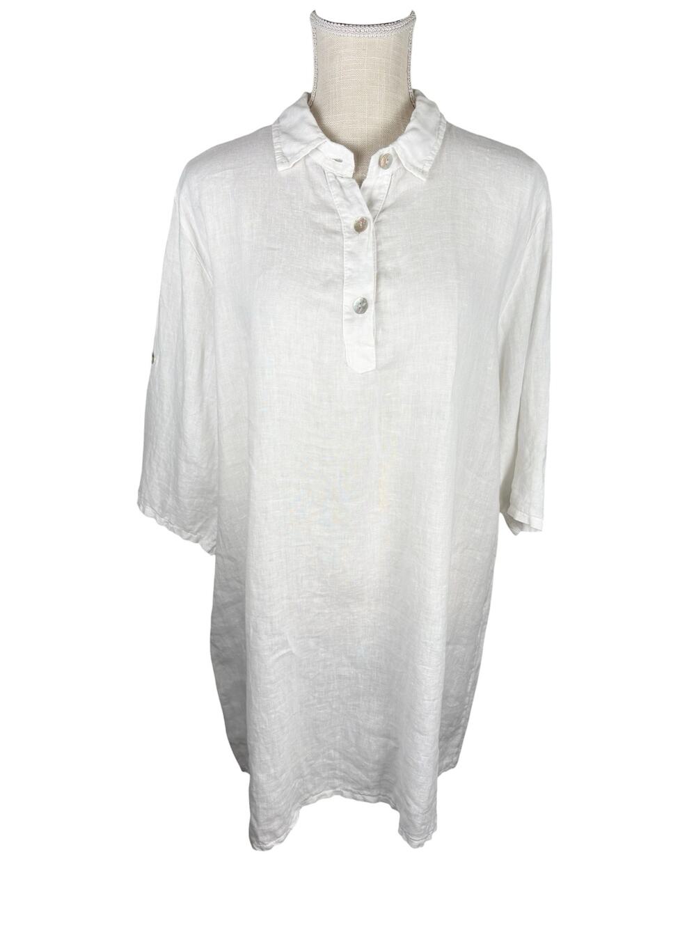 Meo Meli Linen Popover Dress One Size White Collared Roll Tab Sleeves Bridal